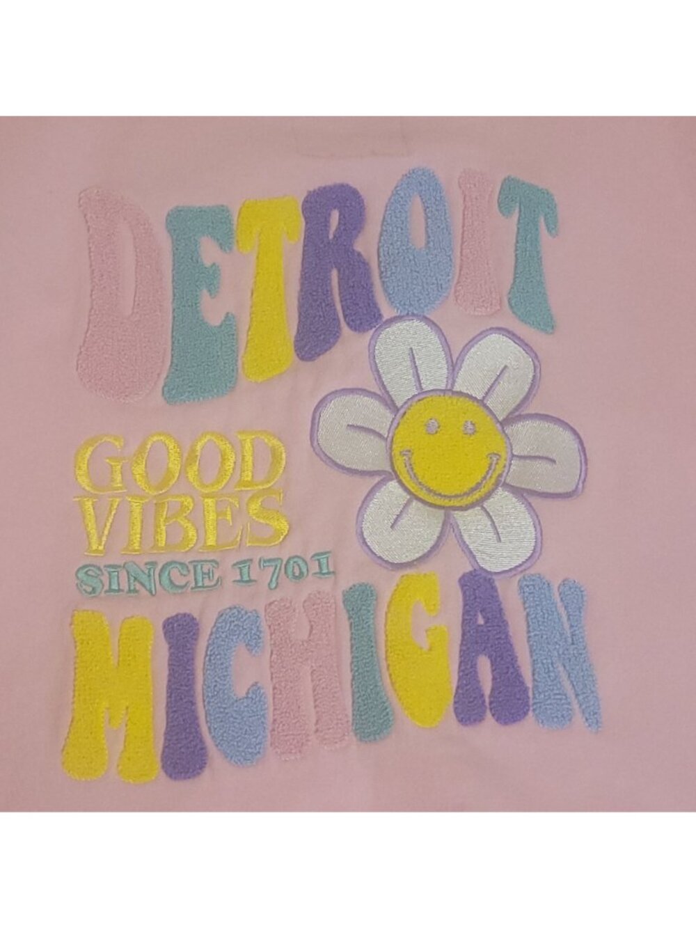 Vtg Detroit Michigan Good Vibes Graphic Pink Sweatshirt XL Surfside 1984 Cotton - Picture 2 of 13